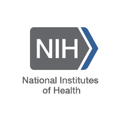 "Logo for the NIH - A grey square with a right facing arrow tipped in blue"