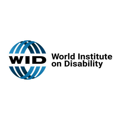 "Logo for the World Institute on Disability showing a globe made of three concentric blue ribbons"