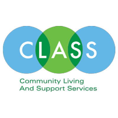 "Class logo with large letters backed by blue and green circles"