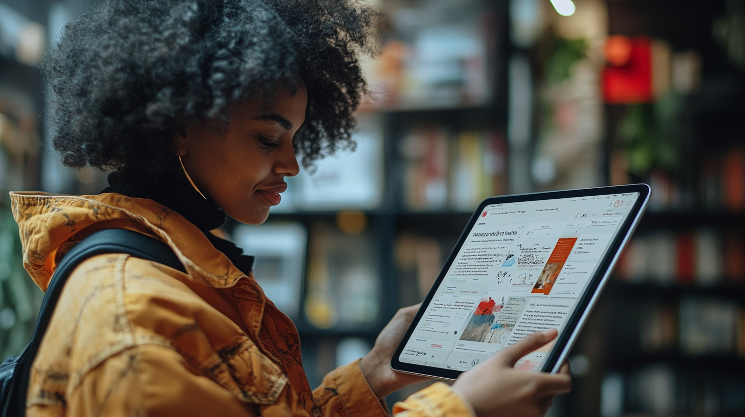 "A young woman looks at a newsletter on an iPad"