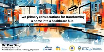 Colorful drawing of a smart home.   Image reads "Two primary considerations for transforming a home into a health care hub" 