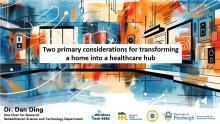 Colorful drawing of a smart home.   Image reads "Two primary considerations for transforming a home into a health care hub" 